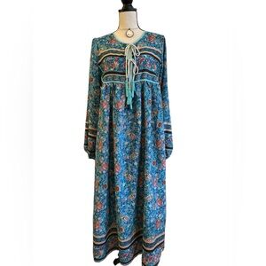 Boho Floral Prairie Midi Dress with Tassel Tie – Teal Blue | S/M